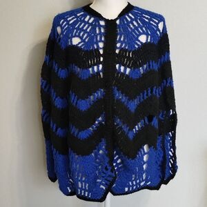 Handmade vintage crochet Poncho Shrug Blue and Black